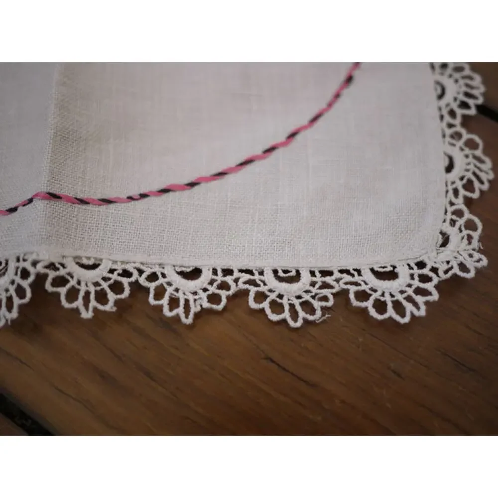 Vintage Antique HAND EMBROIDERED Granny Floral Basket Linen Lace DOILY 7
